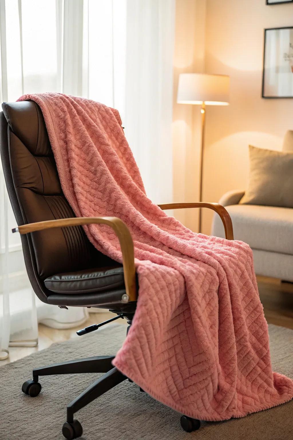 A pink throw blanket adds comfort and style to your office seating.