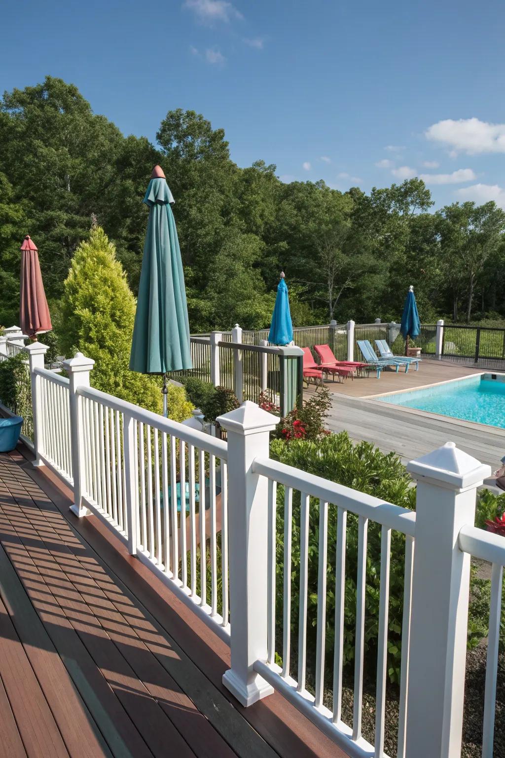 Vinyl railings offer a durable, low-maintenance option for your pool deck.