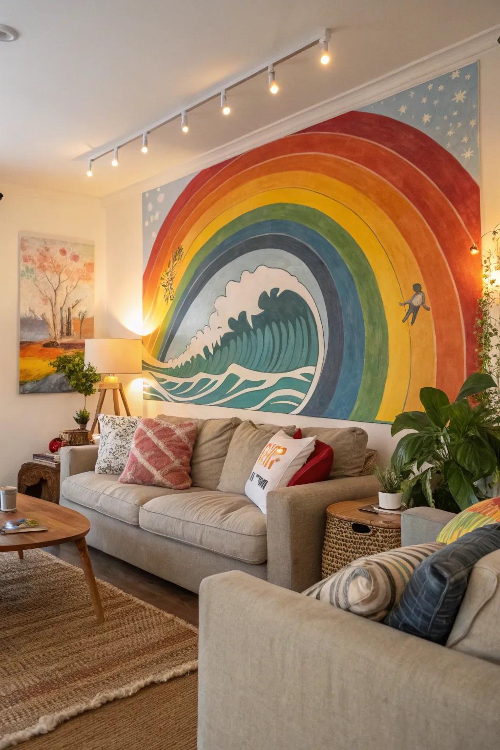 Rainbow waves bringing peace and energy to a vibrant living room.