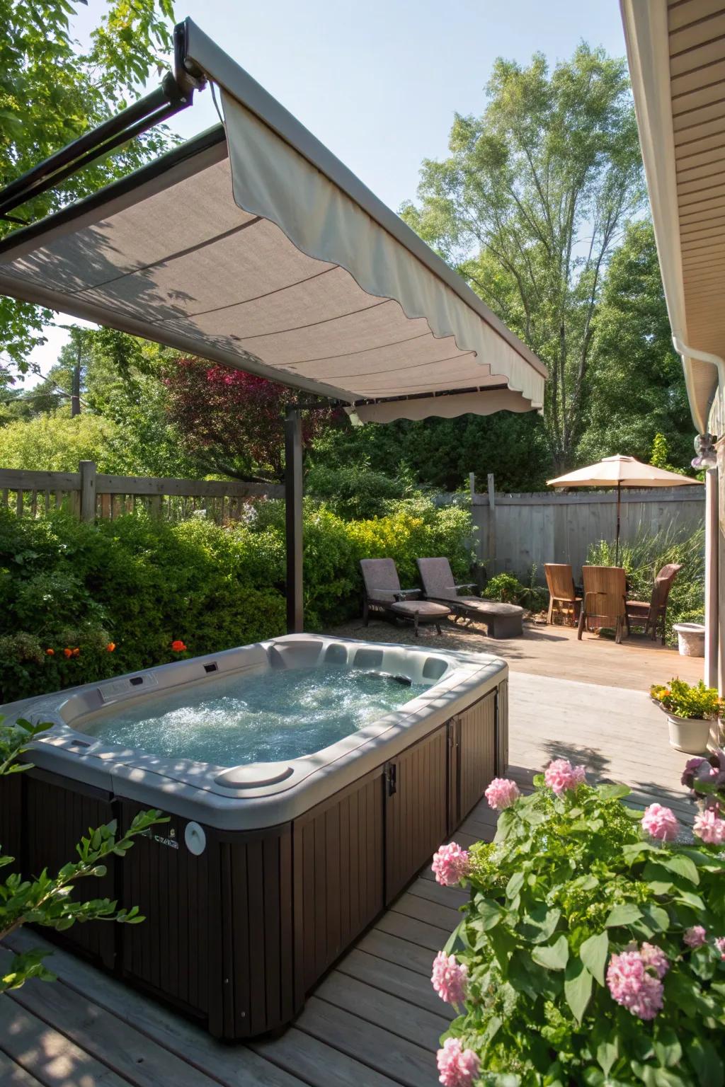 A retractable awning offers adjustable shade and privacy for your hot tub area.