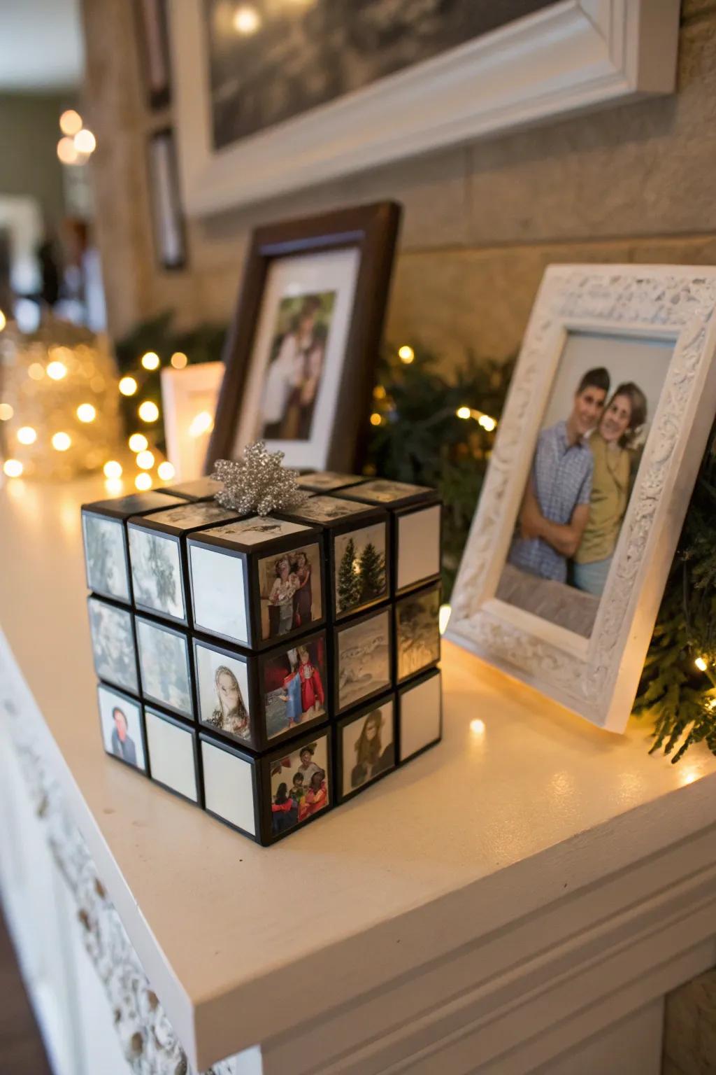 A puzzle cube picture holder offers a dynamic way to display cherished snapshots.