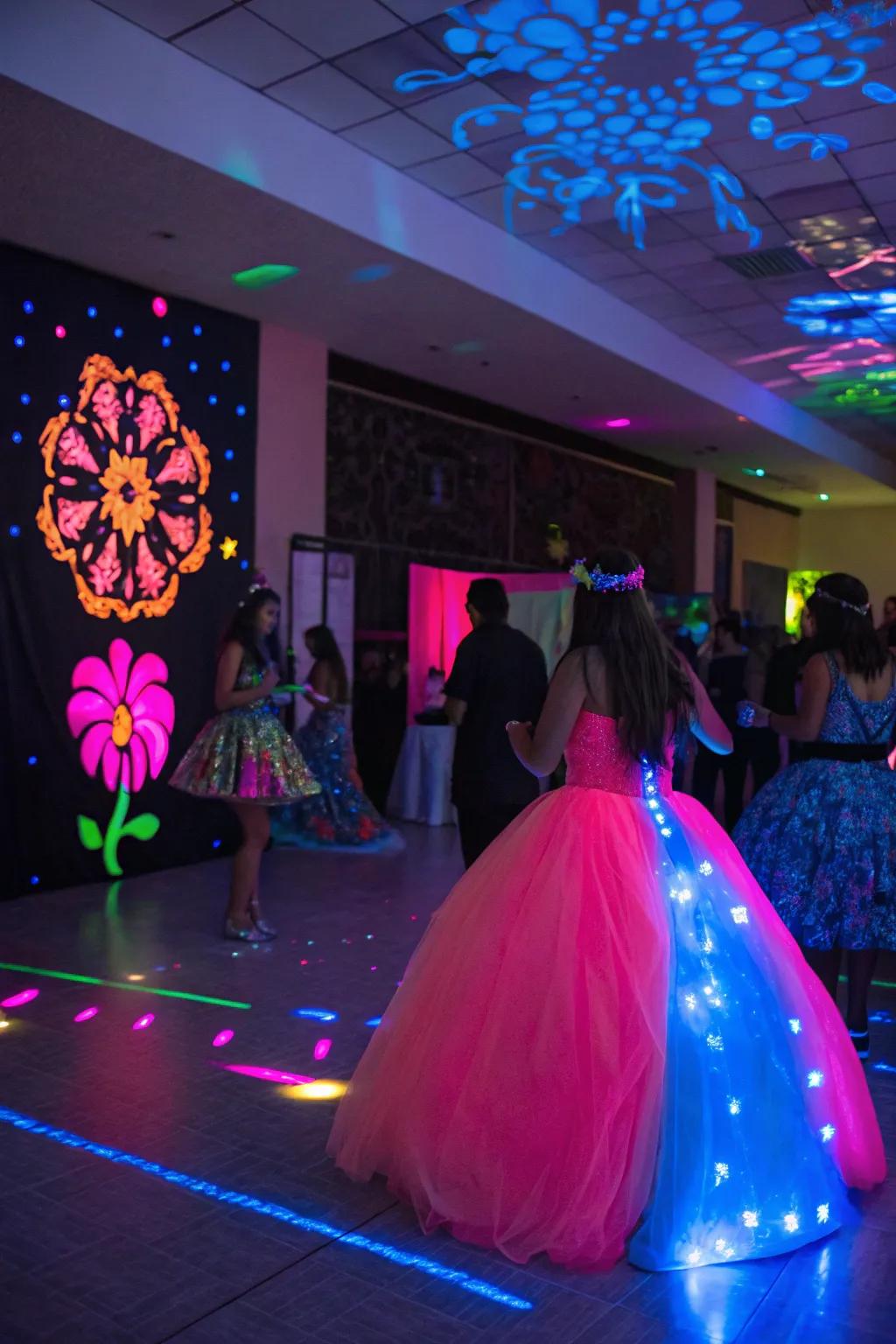 An electrifying neon glow-themed quinceanera with vibrant decor.