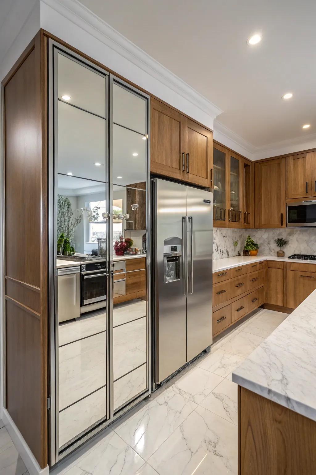 Mirrored panels make your kitchen feel larger and brighter.