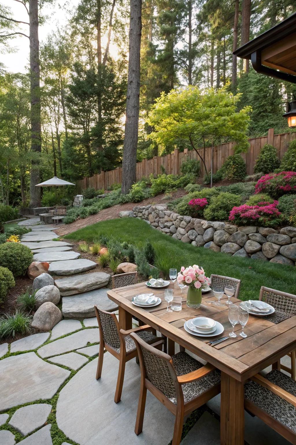 A rock garden provides a natural backdrop for outdoor dining.