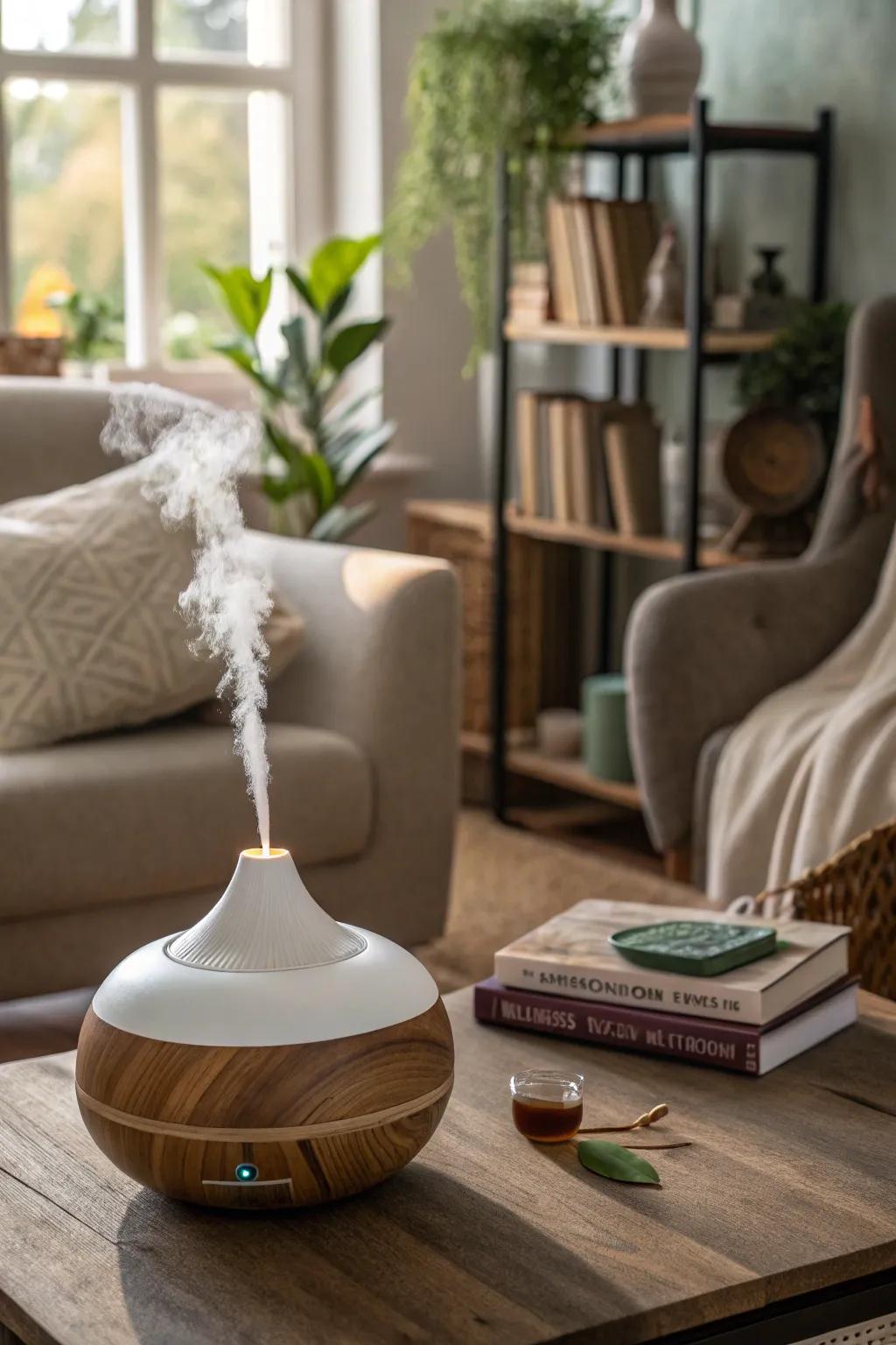 Ambient scents from a diffuser enhance the room's romantic mood.