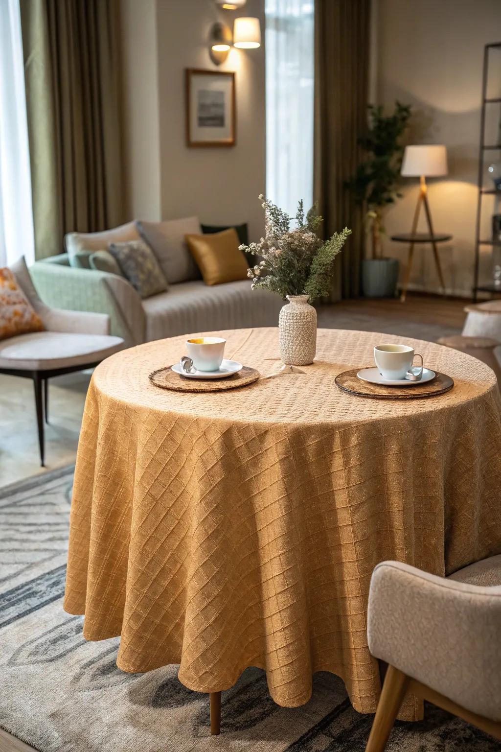 Textured fabric on round tables adds softness and warmth to the decor.