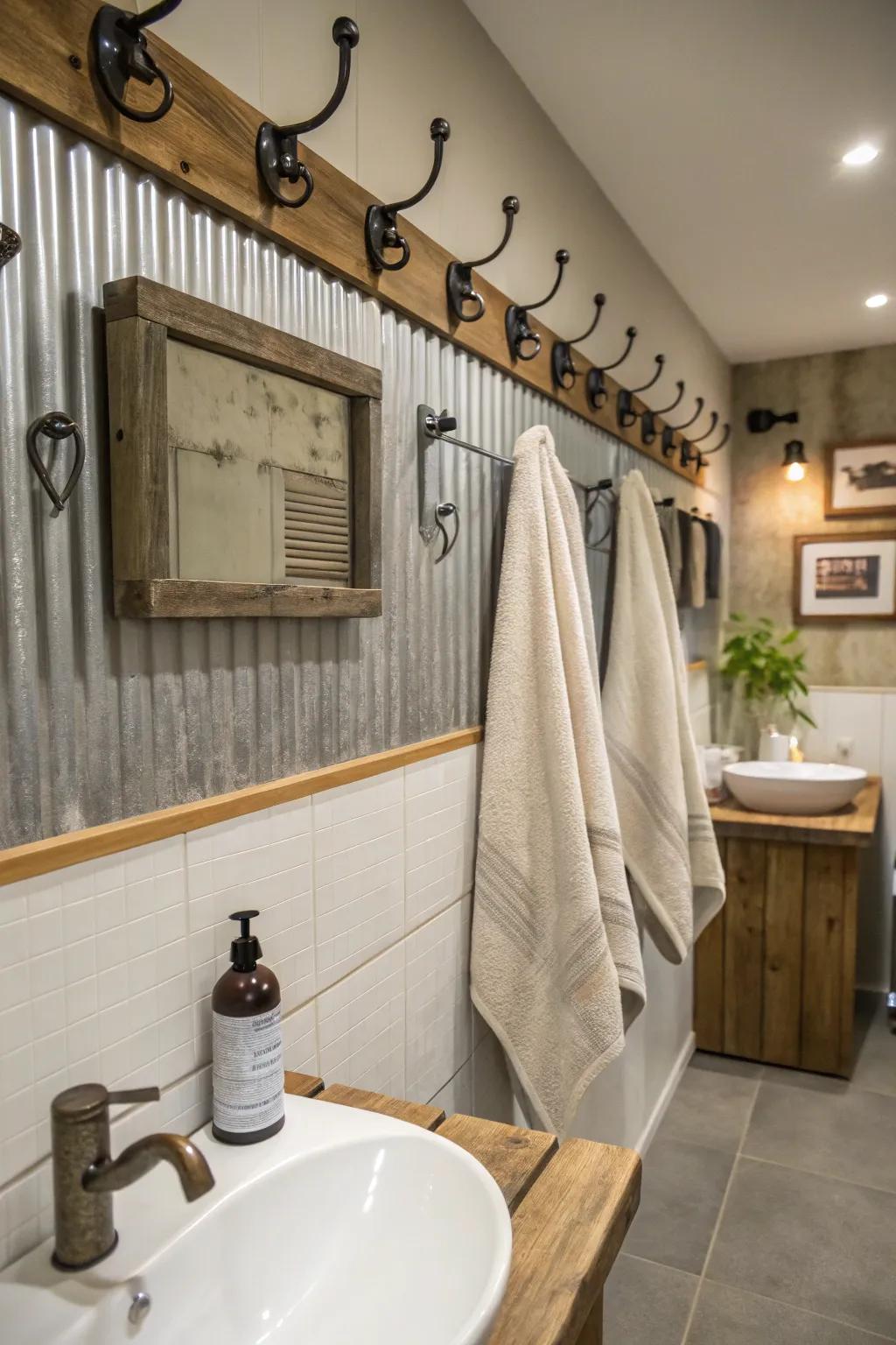 Corrugated metal hooks provide a rustic and practical solution for hanging towels.