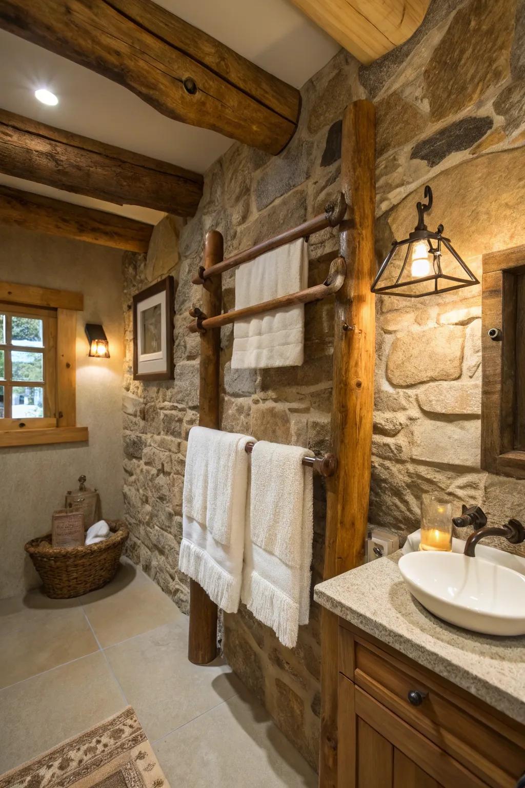 Bold and natural: a wooden beam towel rack.