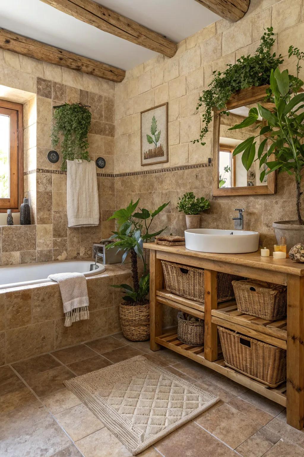 Eco-friendly materials complement the natural beauty of travertine.