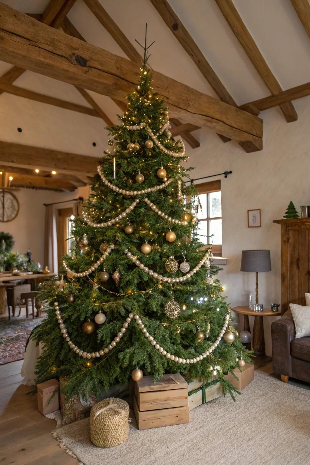 A natural beaded garland adds texture and movement to the rustic Christmas tree.