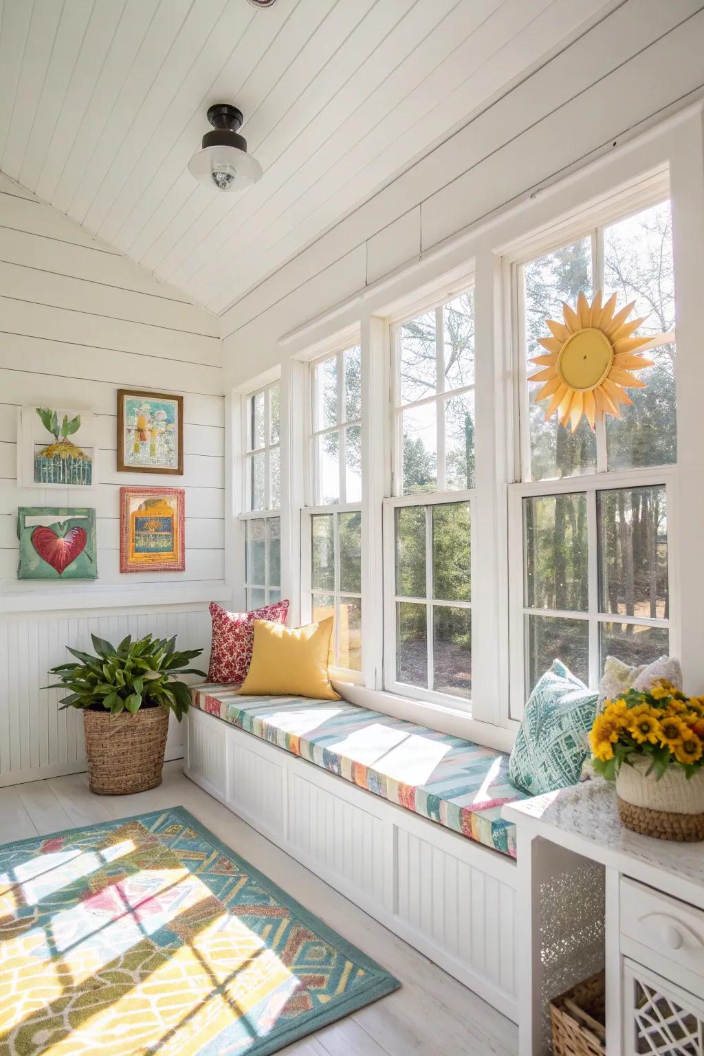 A bright sunroom with cheerful white shiplap wainscoting.