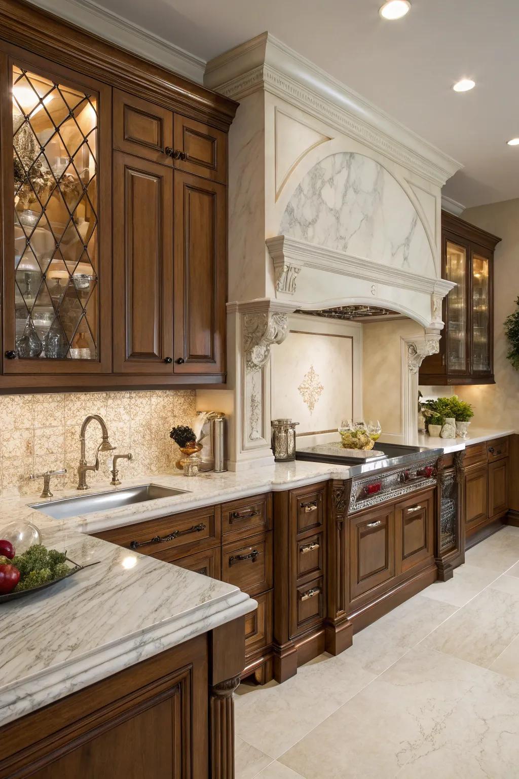 Marble adds timeless elegance to this sophisticated kitchen design.