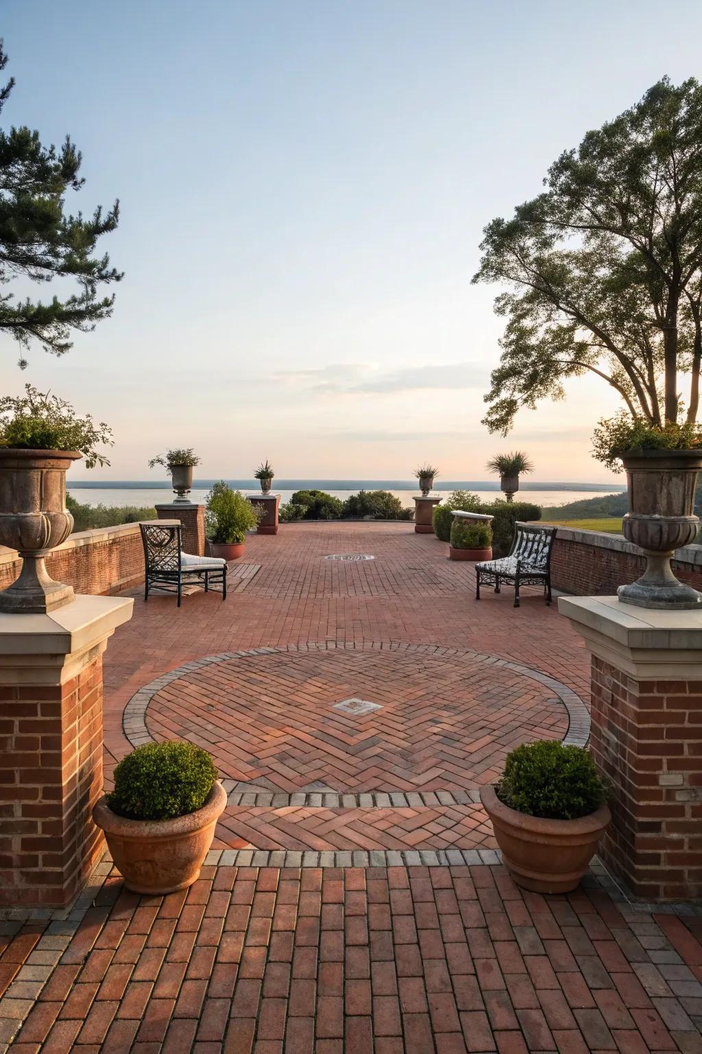 A brick patio with a symmetrical layout and decor.