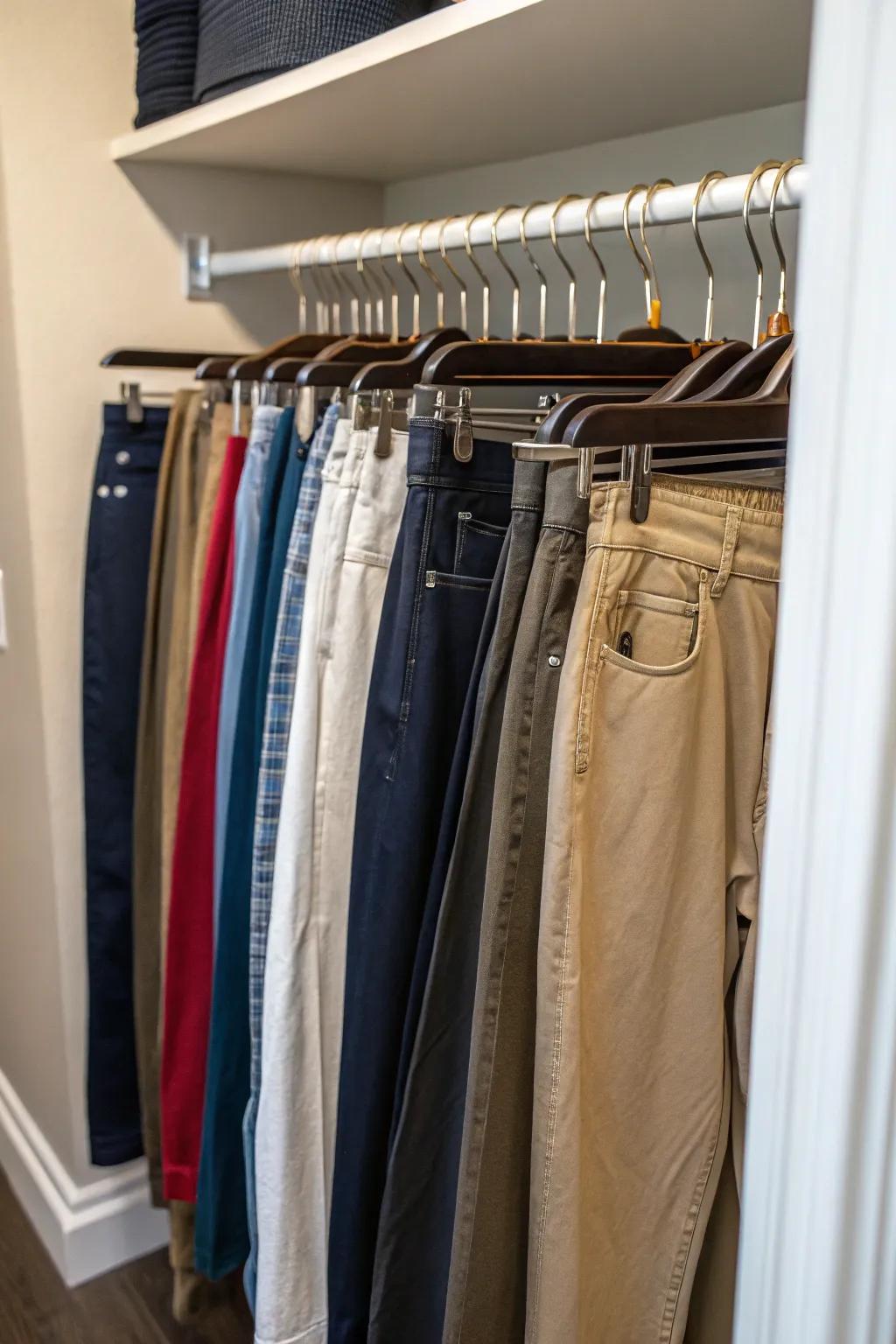 Clip hangers keep pants crease-free and accessible.