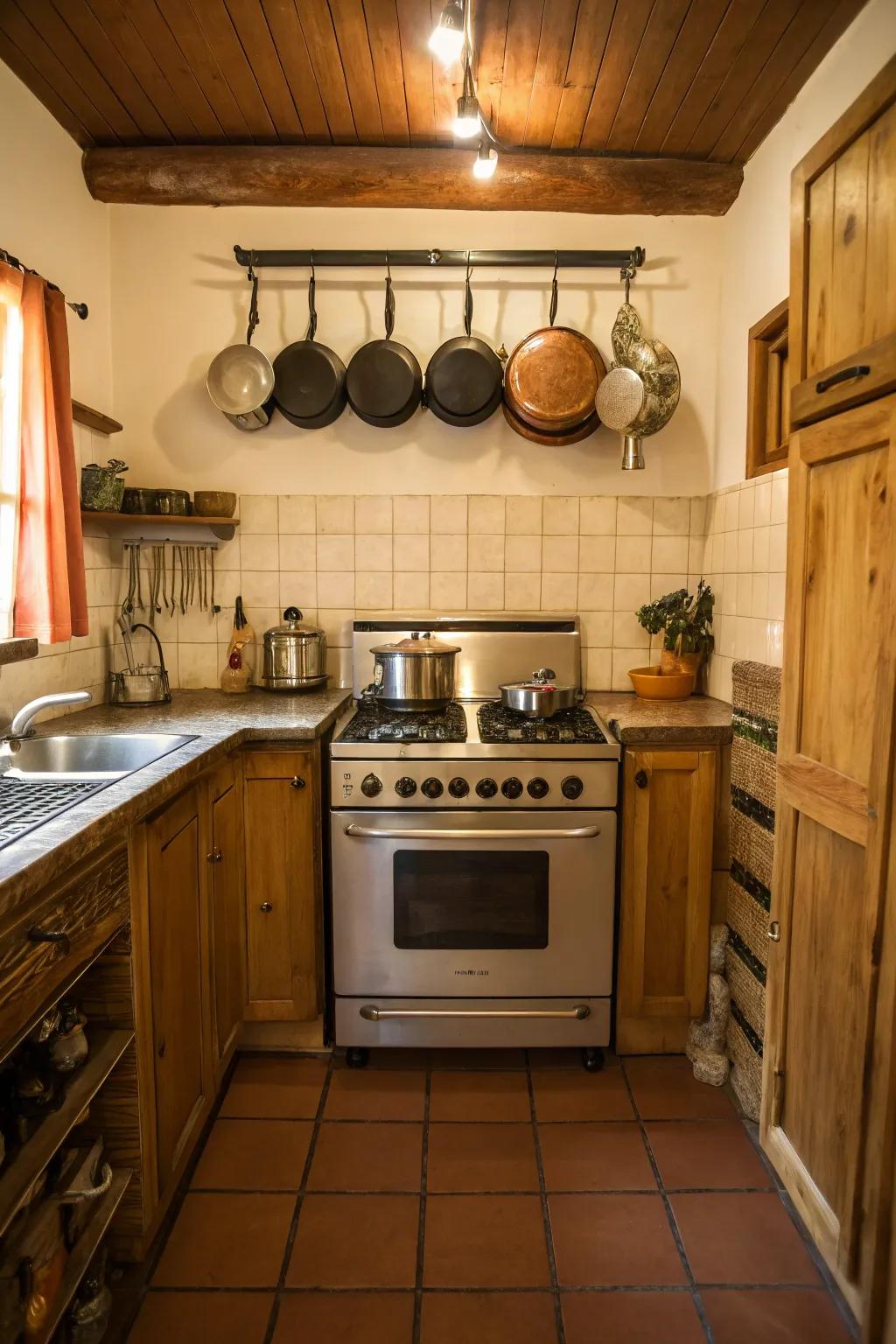 Pot rails keep cookware within easy reach.