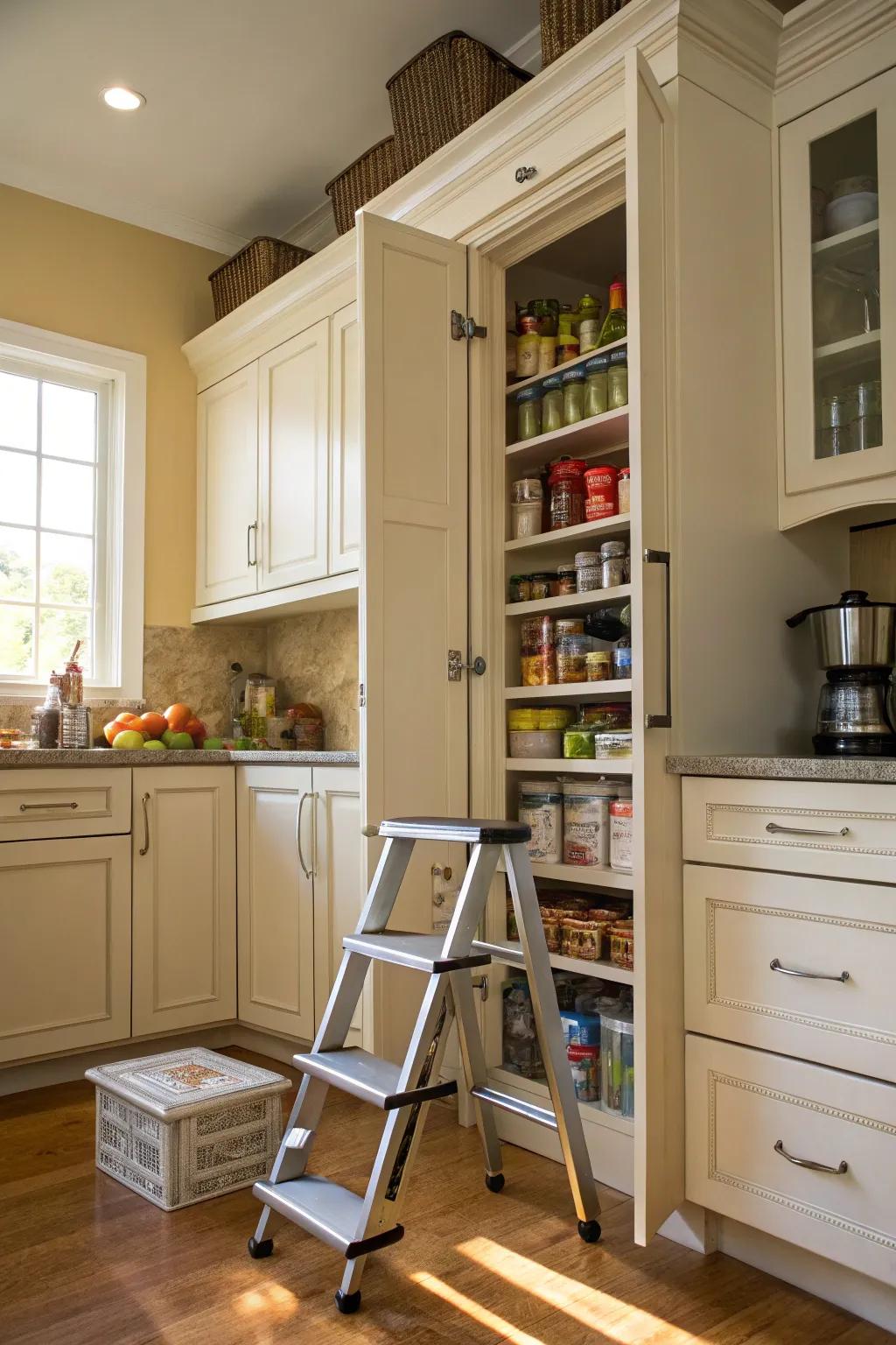 Upper cabinets provide extra storage for overflow items.