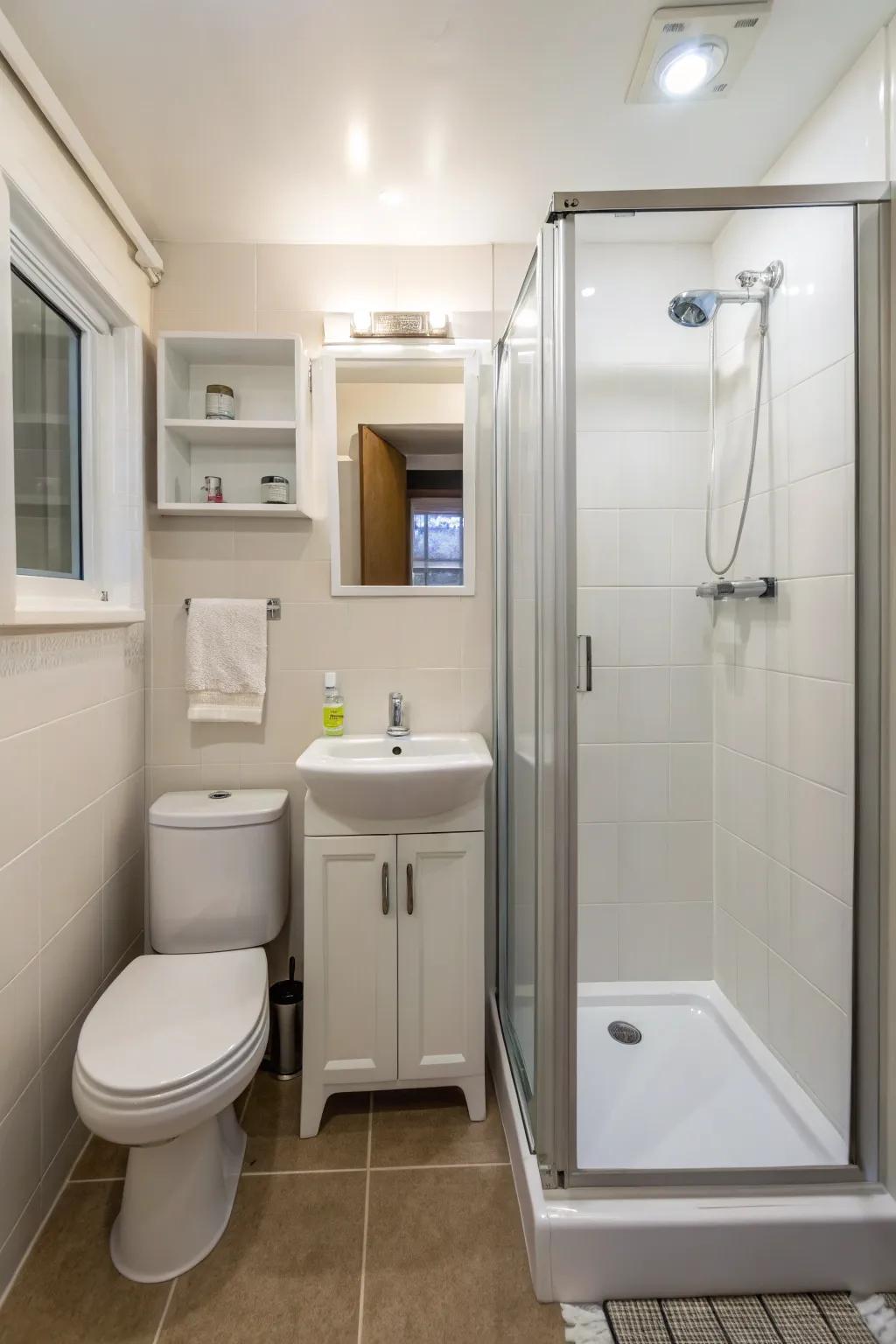 A small bathroom featuring a prefabricated shower kit for quick installation.