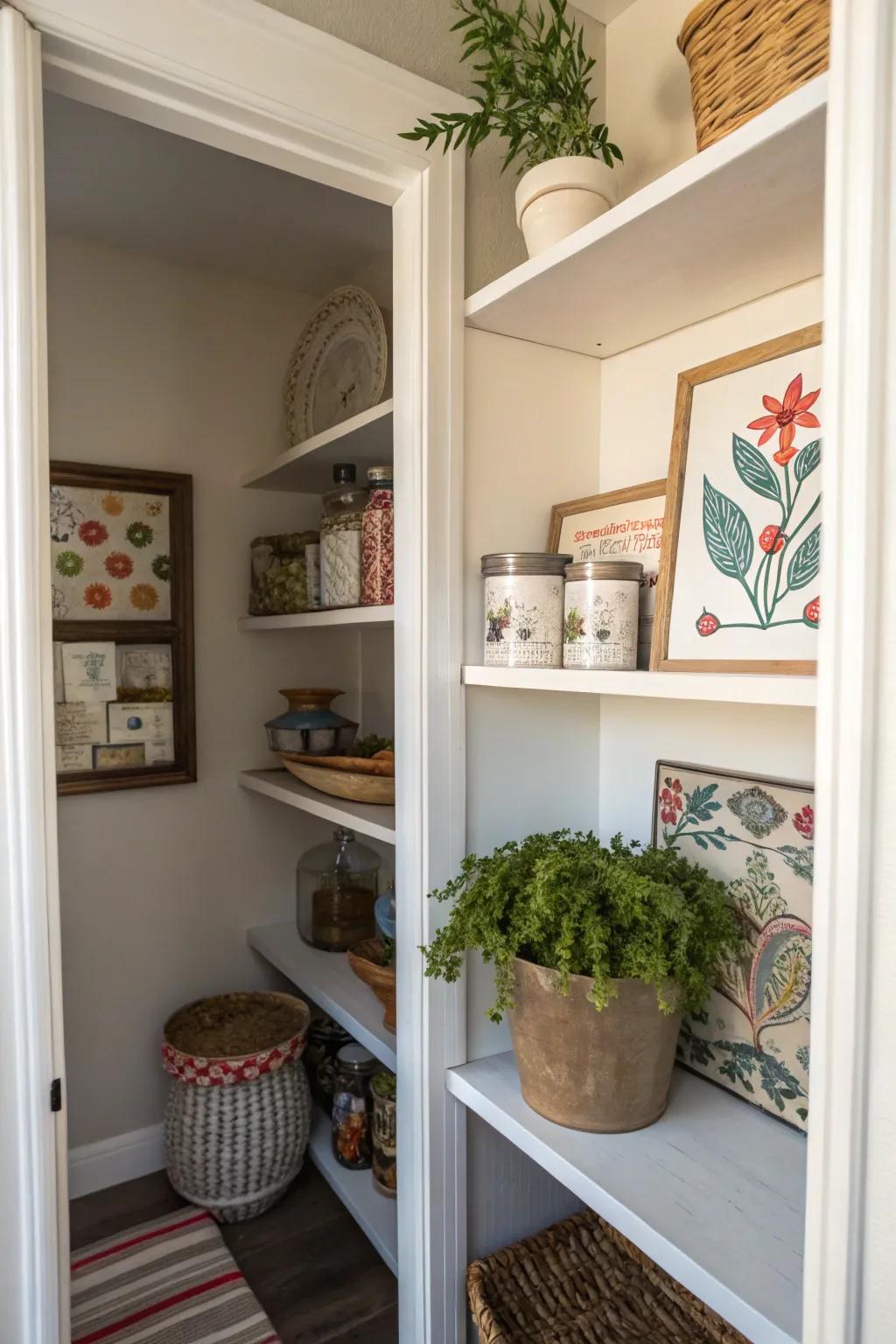 Decorative elements add personality and warmth to the pantry.