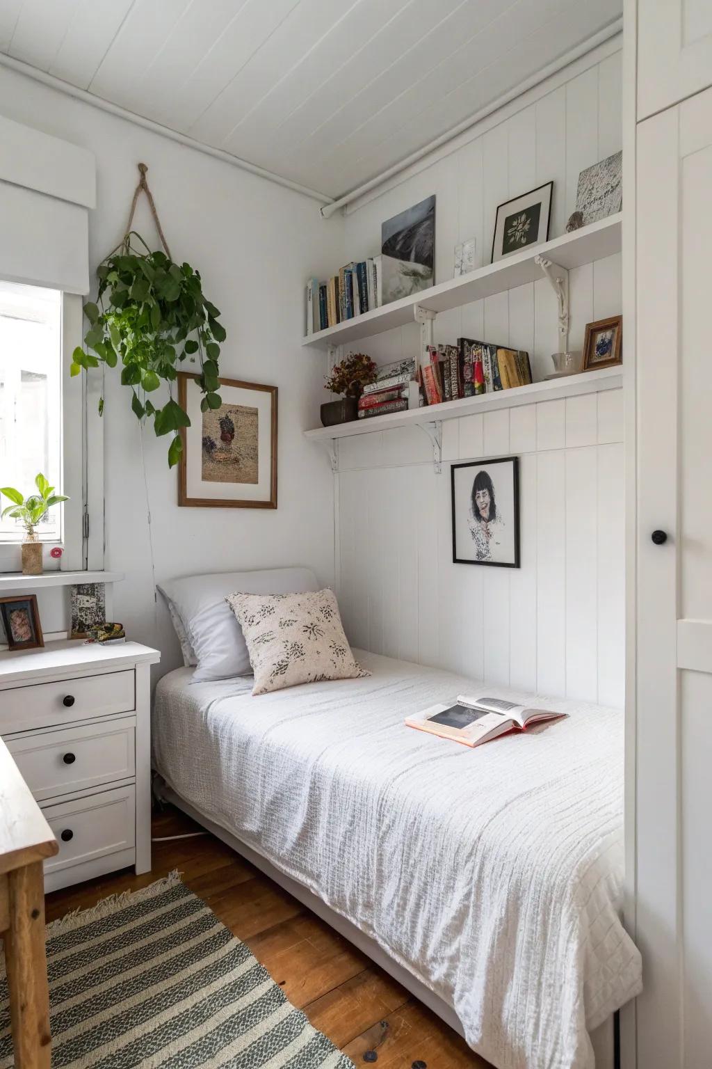 A personal and simple design makes a small white bedroom feel authentic.