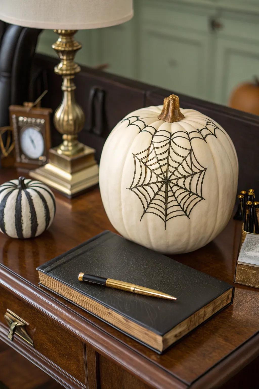 A pumpkin with an elegant faux leather web.