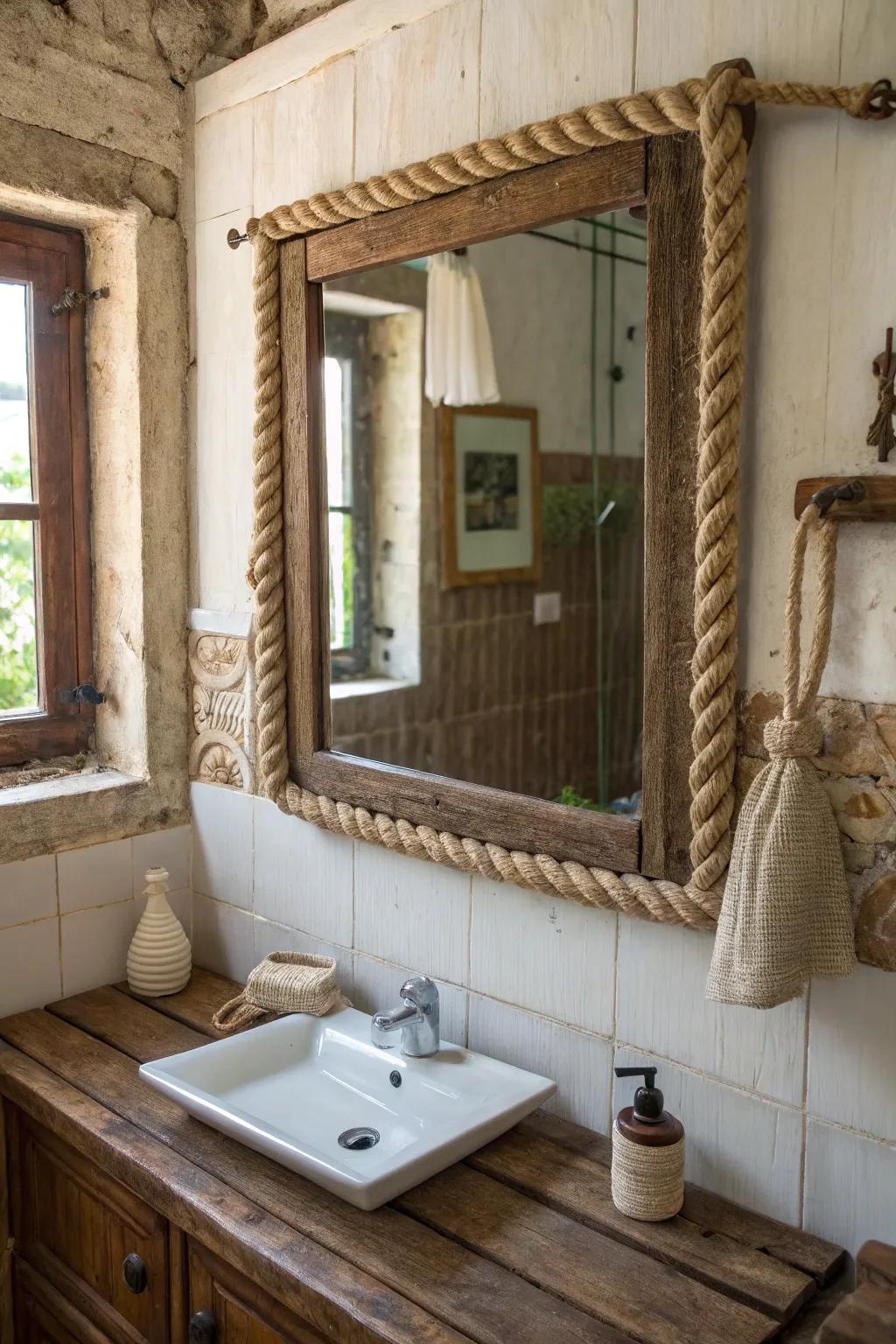 Introduce rustic charm with a twine-wrapped mirror.