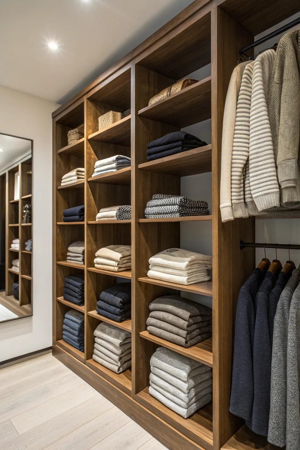 Custom built-ins provide tailored and efficient sweater storage.