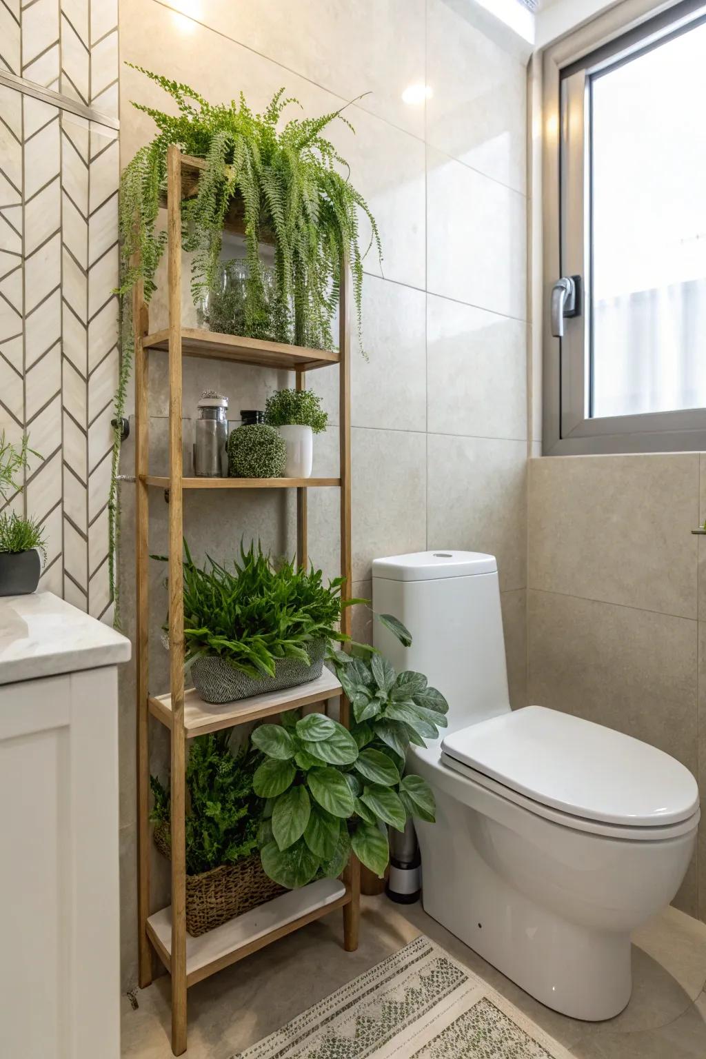 A plant shelf adds greenery and freshness to the bathroom.