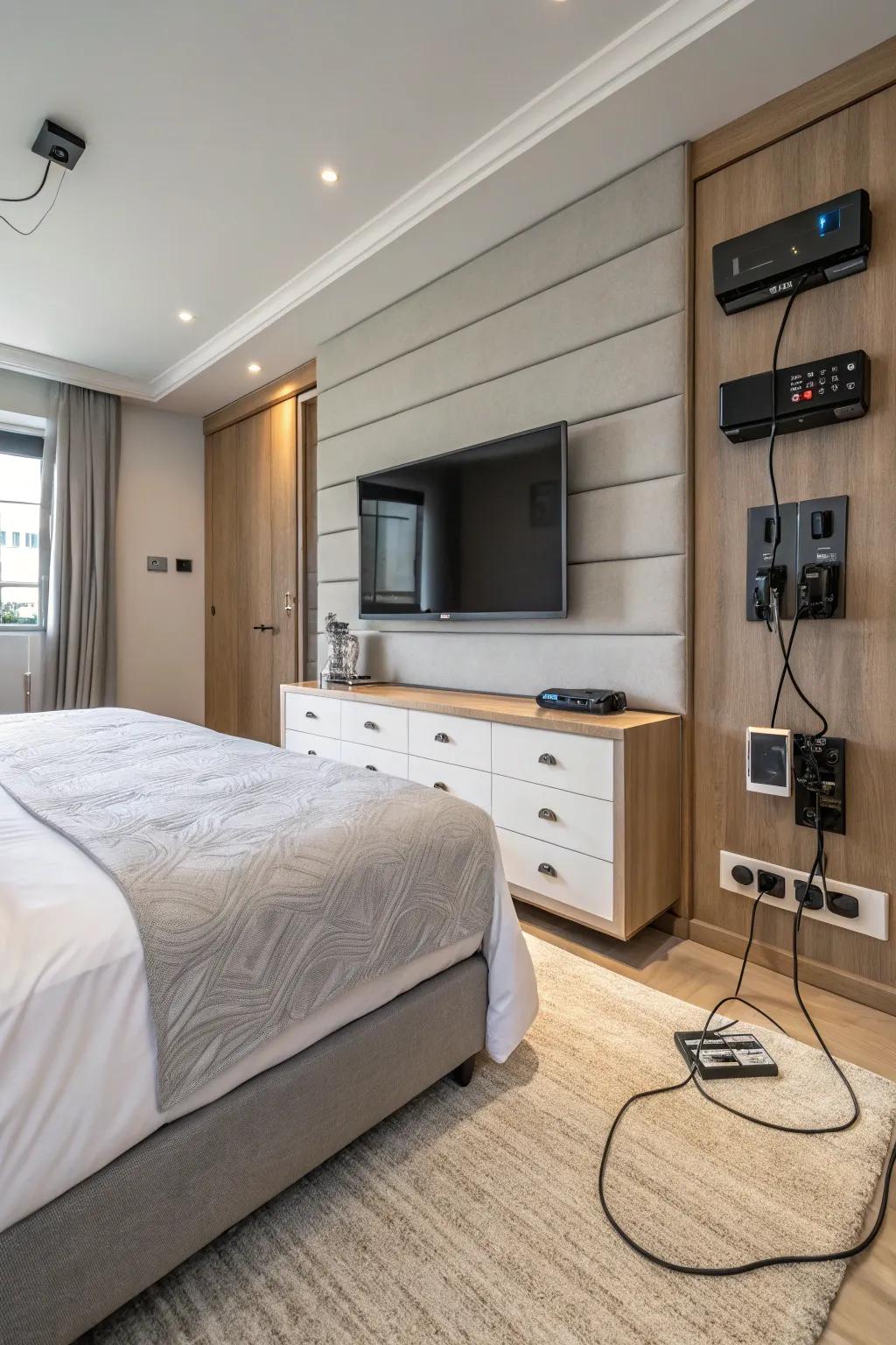 Technology is seamlessly integrated into this modern townhouse bedroom.