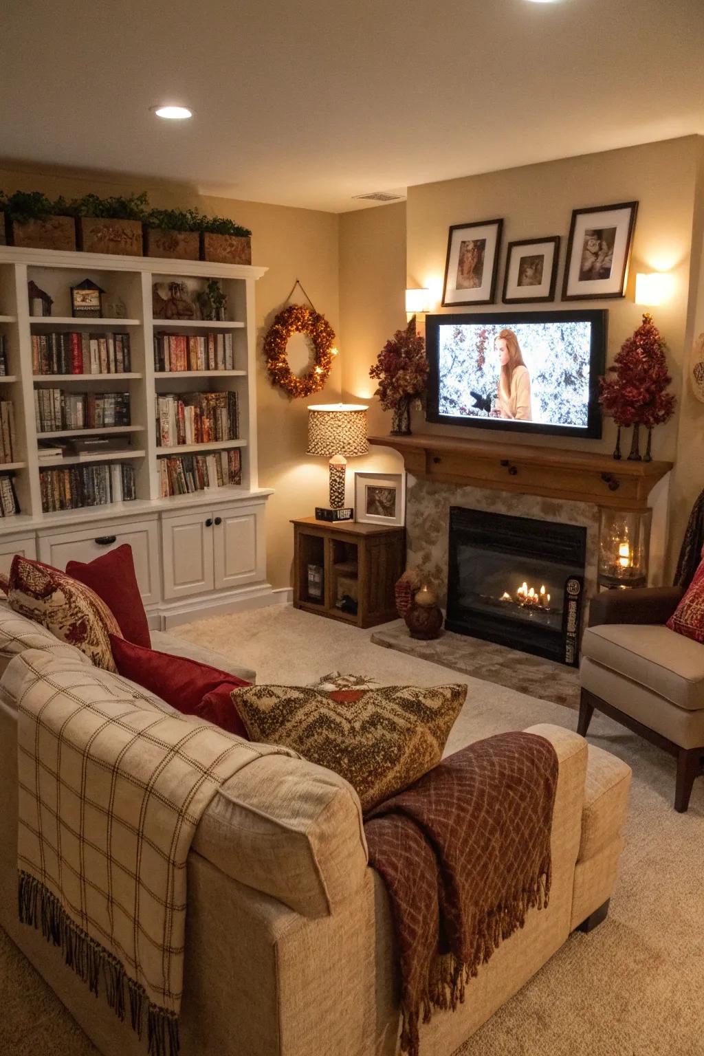 Layered decor adds warmth and depth to your TV area.