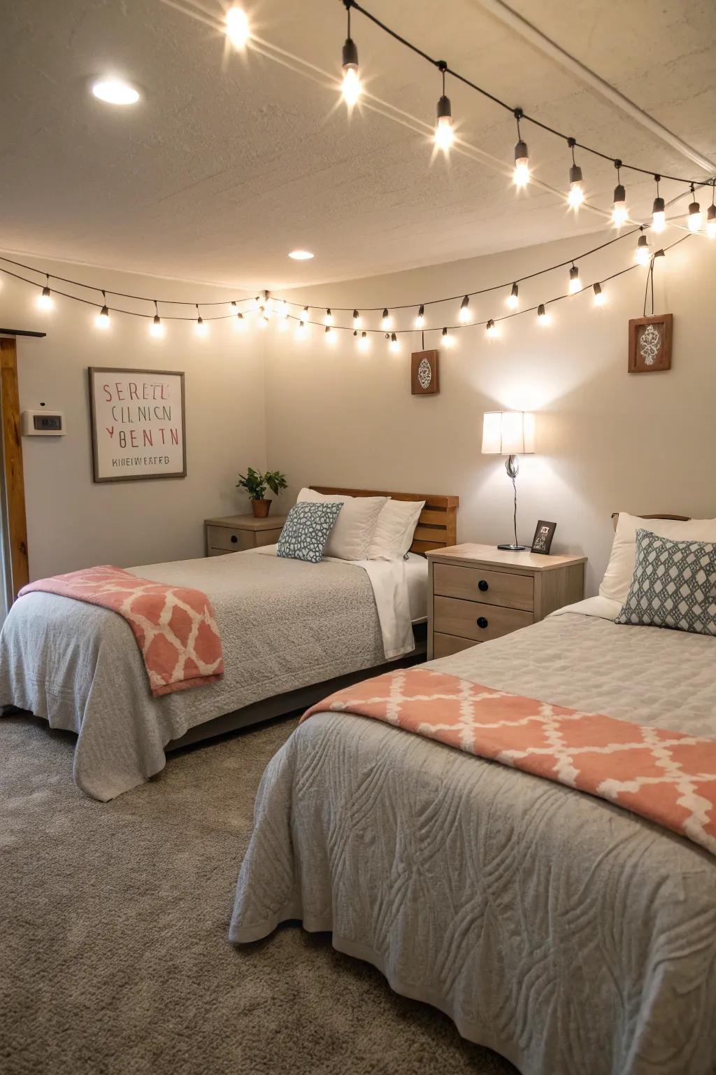 Layered lighting adds versatility to the twin bedroom.