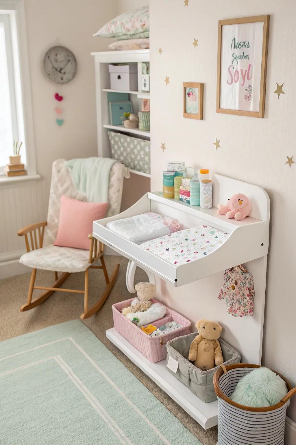 Folding changing tables maximize space and convenience.