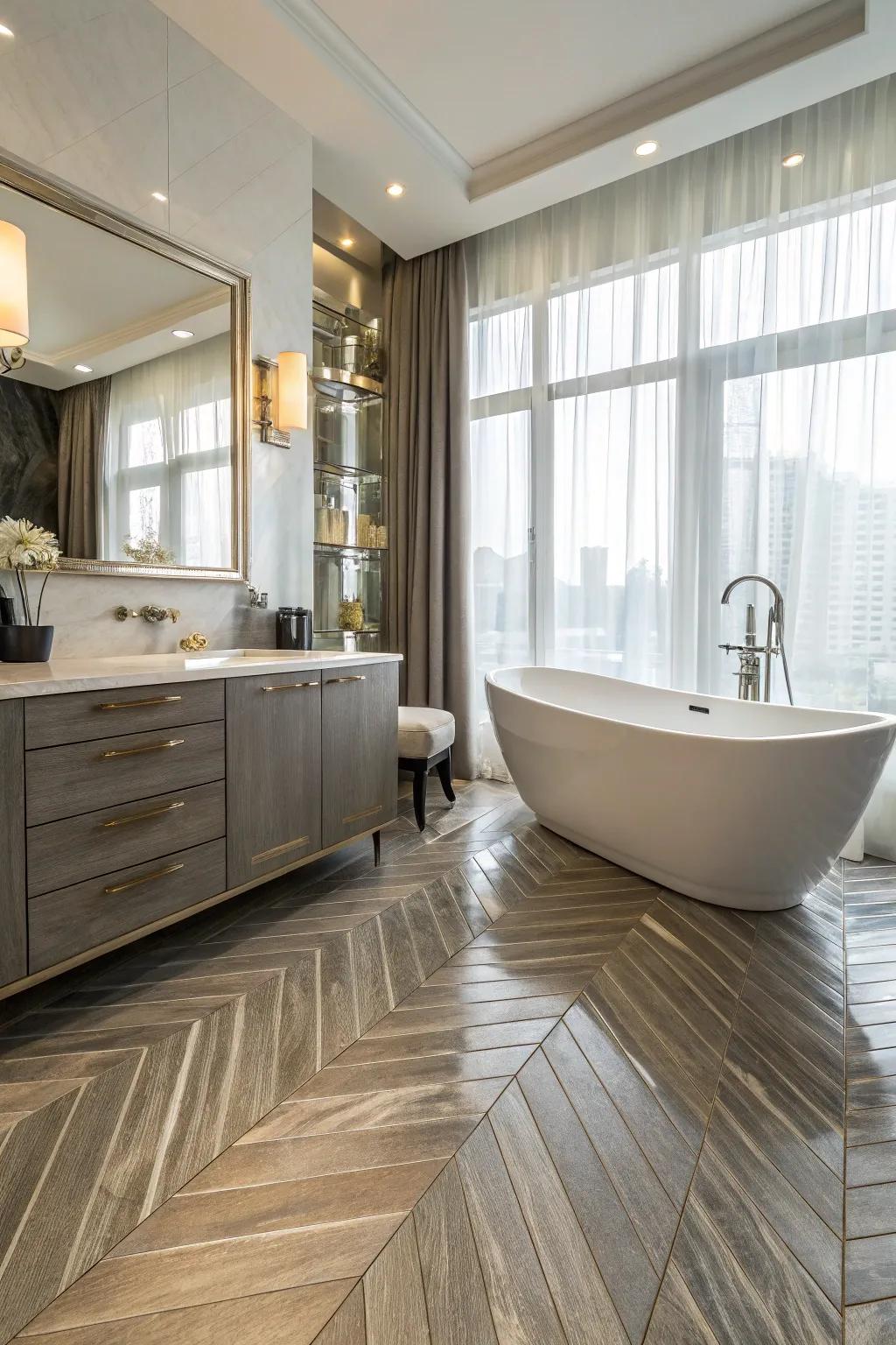 Metallic accent vinyl flooring adds subtle glamour.