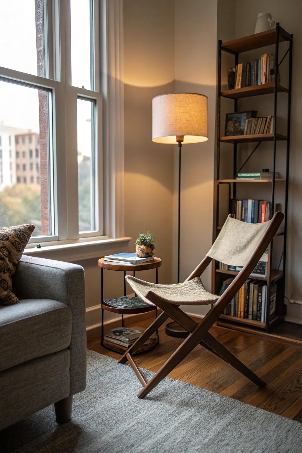 A folding chair offering extra seating and style to a corner.