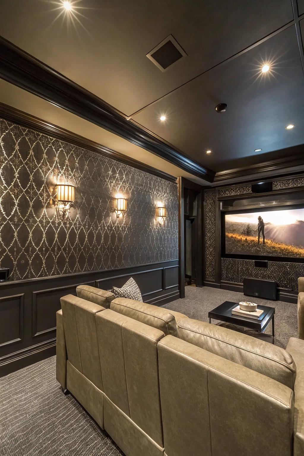 A luxurious home theater with metallic wallpaper and dark hues.