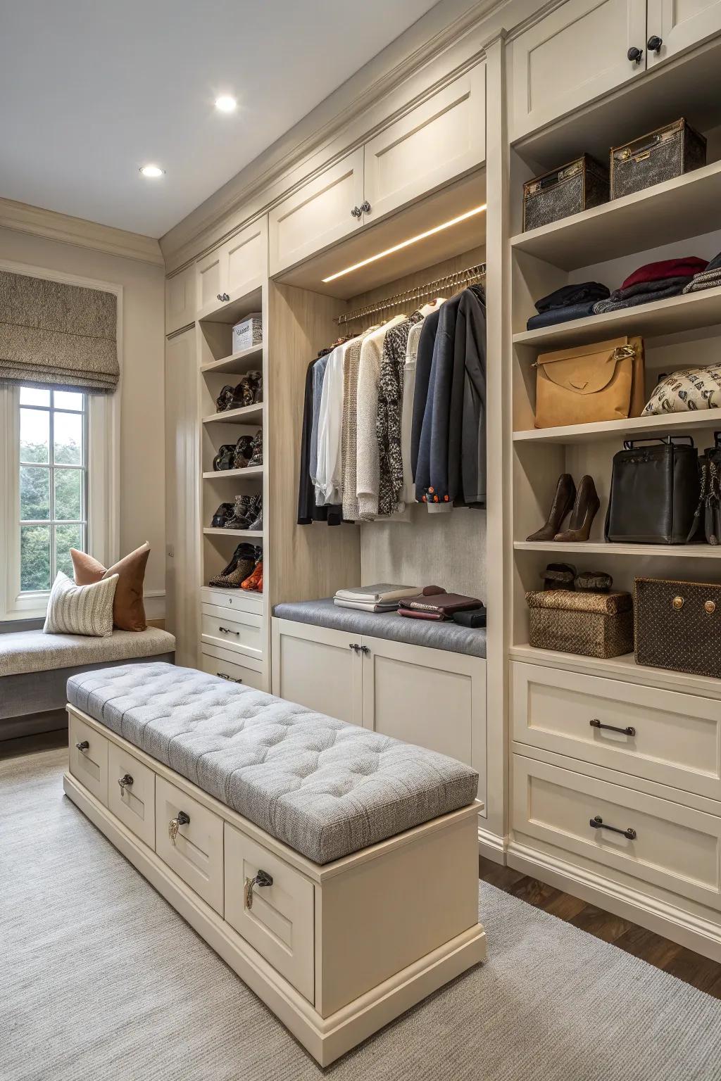 Multi-functional furniture adds practicality and flexibility to the wardrobe room.