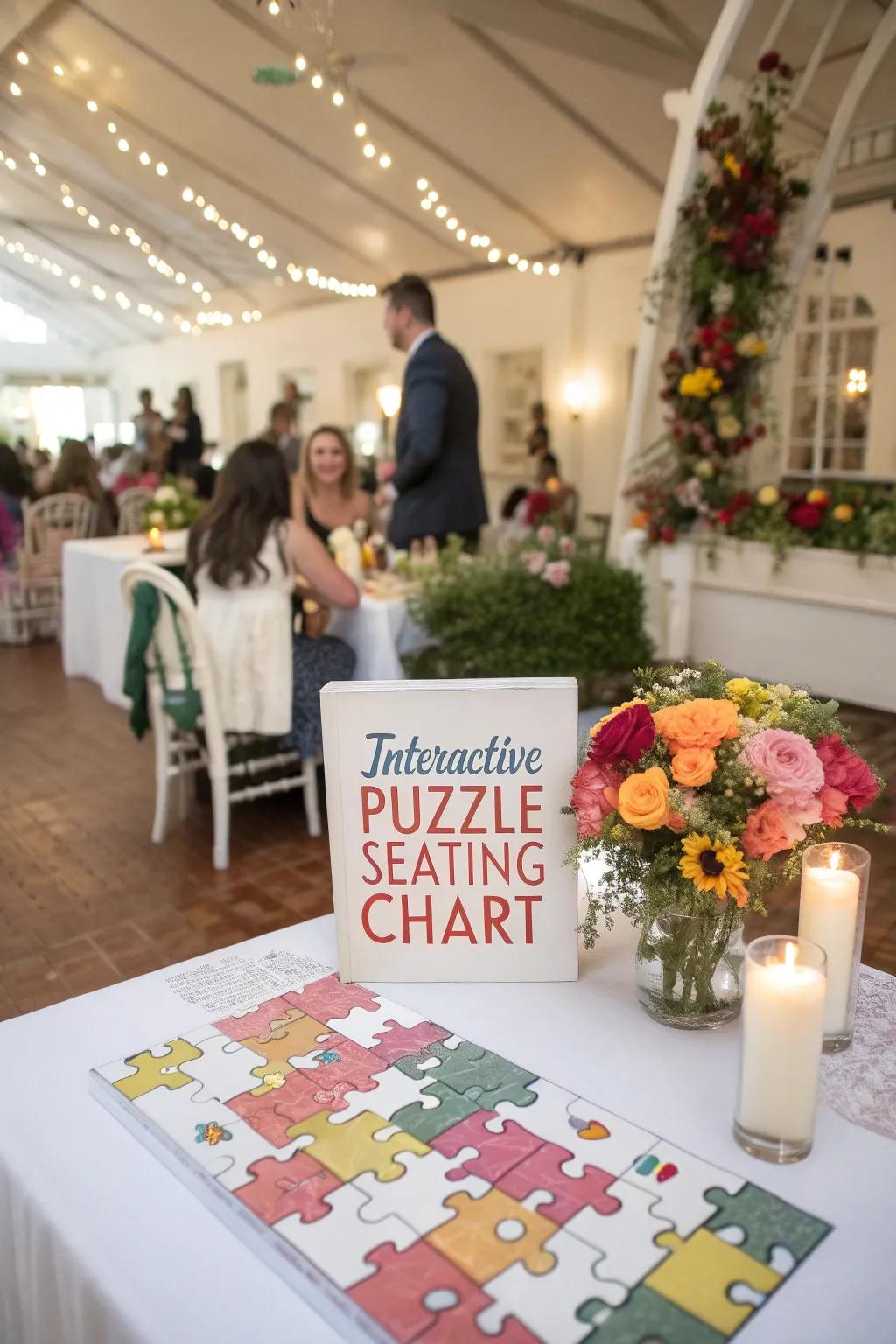 An interactive puzzle seating chart, offering a playful and engaging experience for wedding guests.