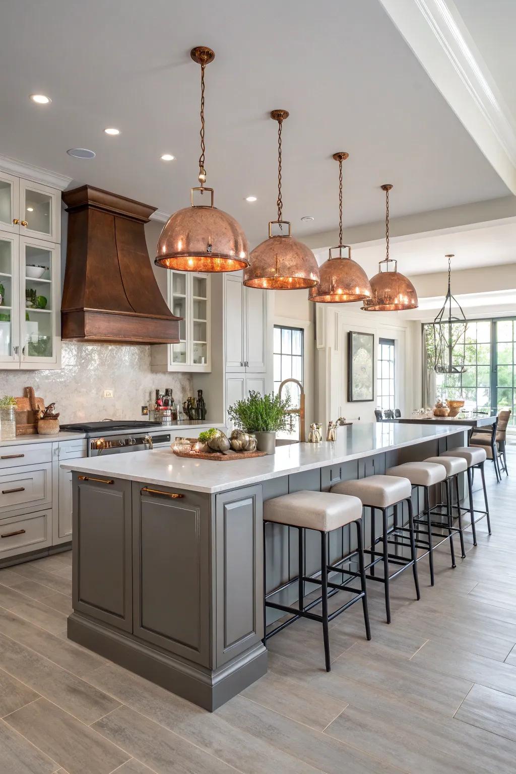 Copper accents unify and enhance this open concept kitchen.