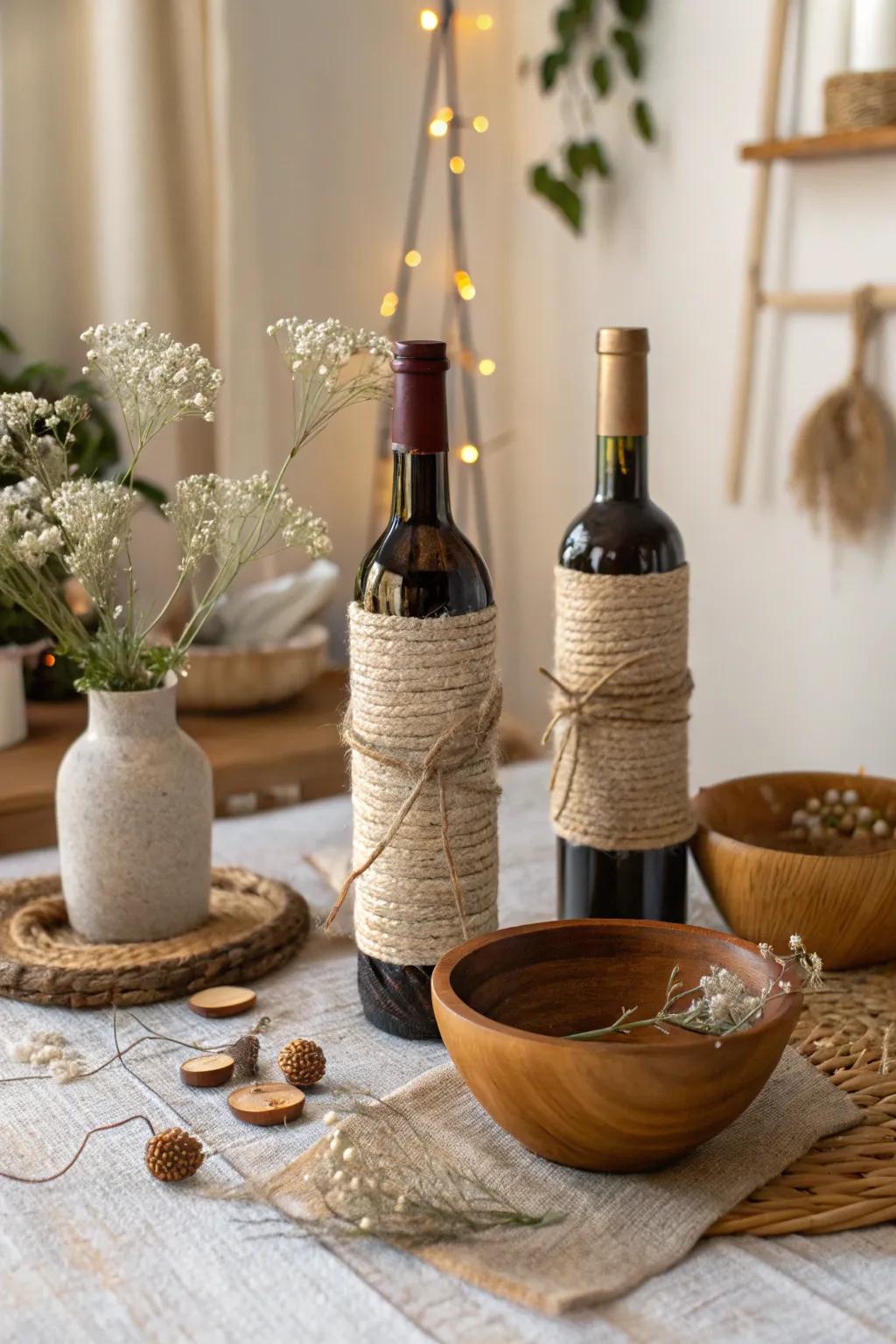 Embrace rustic charm with twine-wrapped bottles.