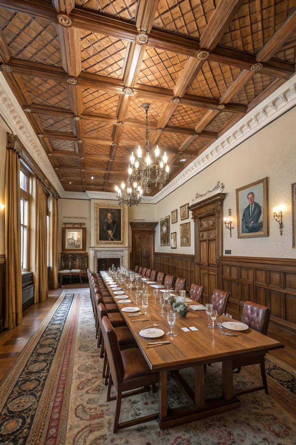 Coffered ceilings bring timeless elegance to this dining space.