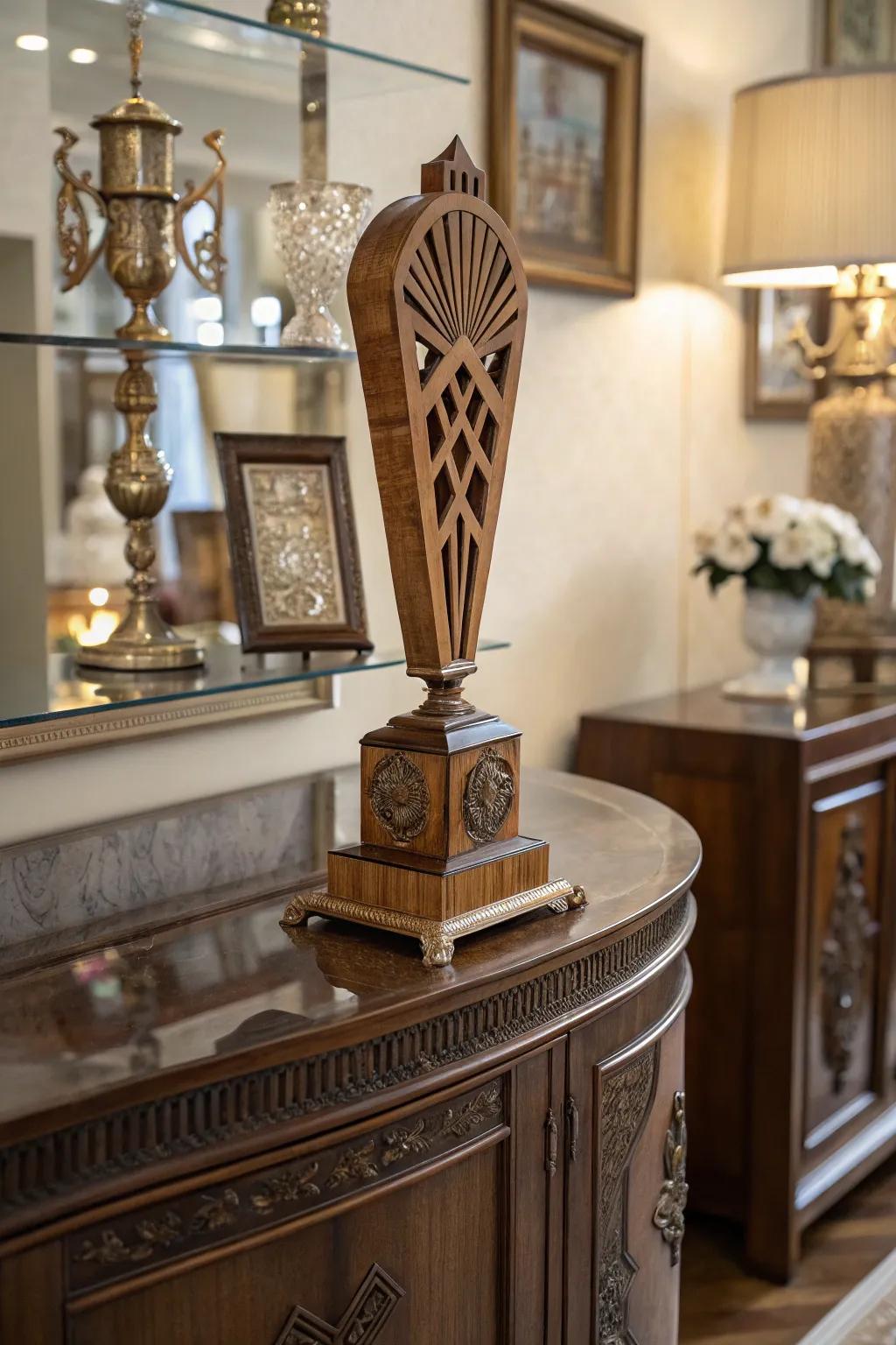 Art Deco wooden trophies bring a glamorous and sophisticated touch.