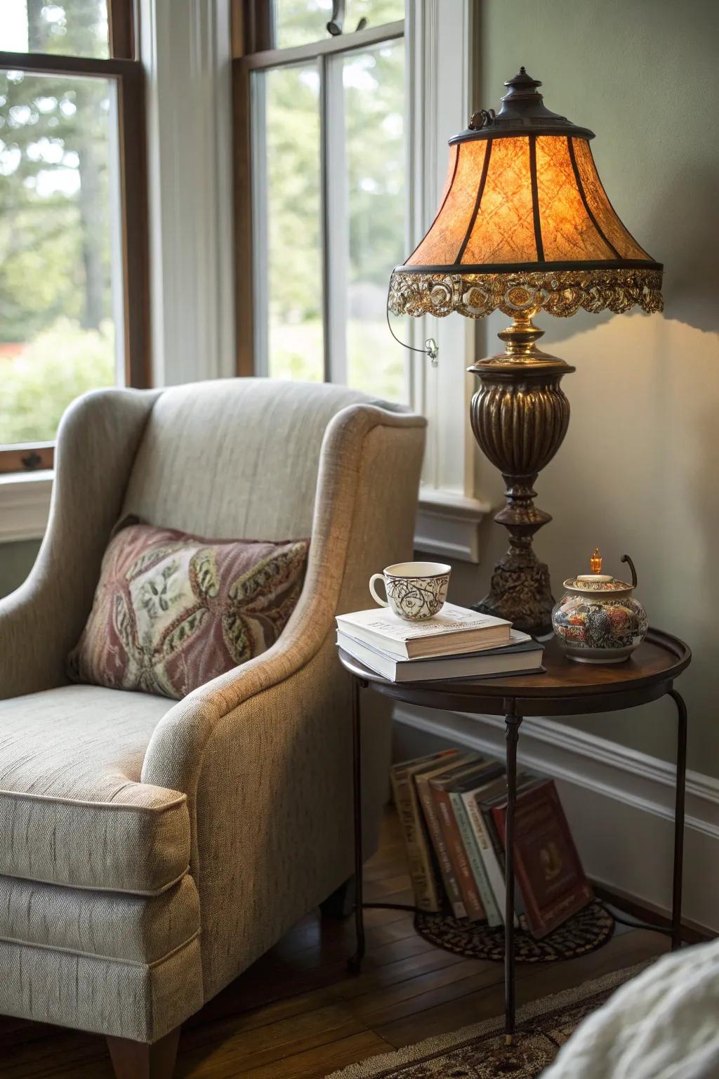 A cozy reading nook offers a perfect retreat for relaxation in a 1930s-inspired space.