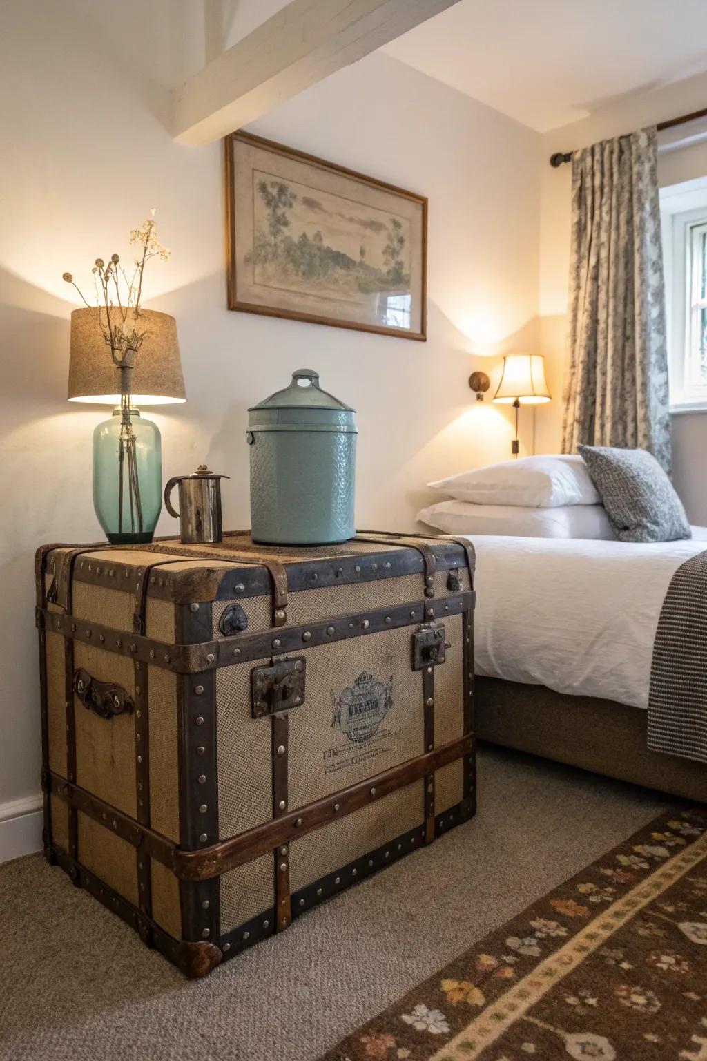 A vintage trunk adds charm and discreet storage to any room.