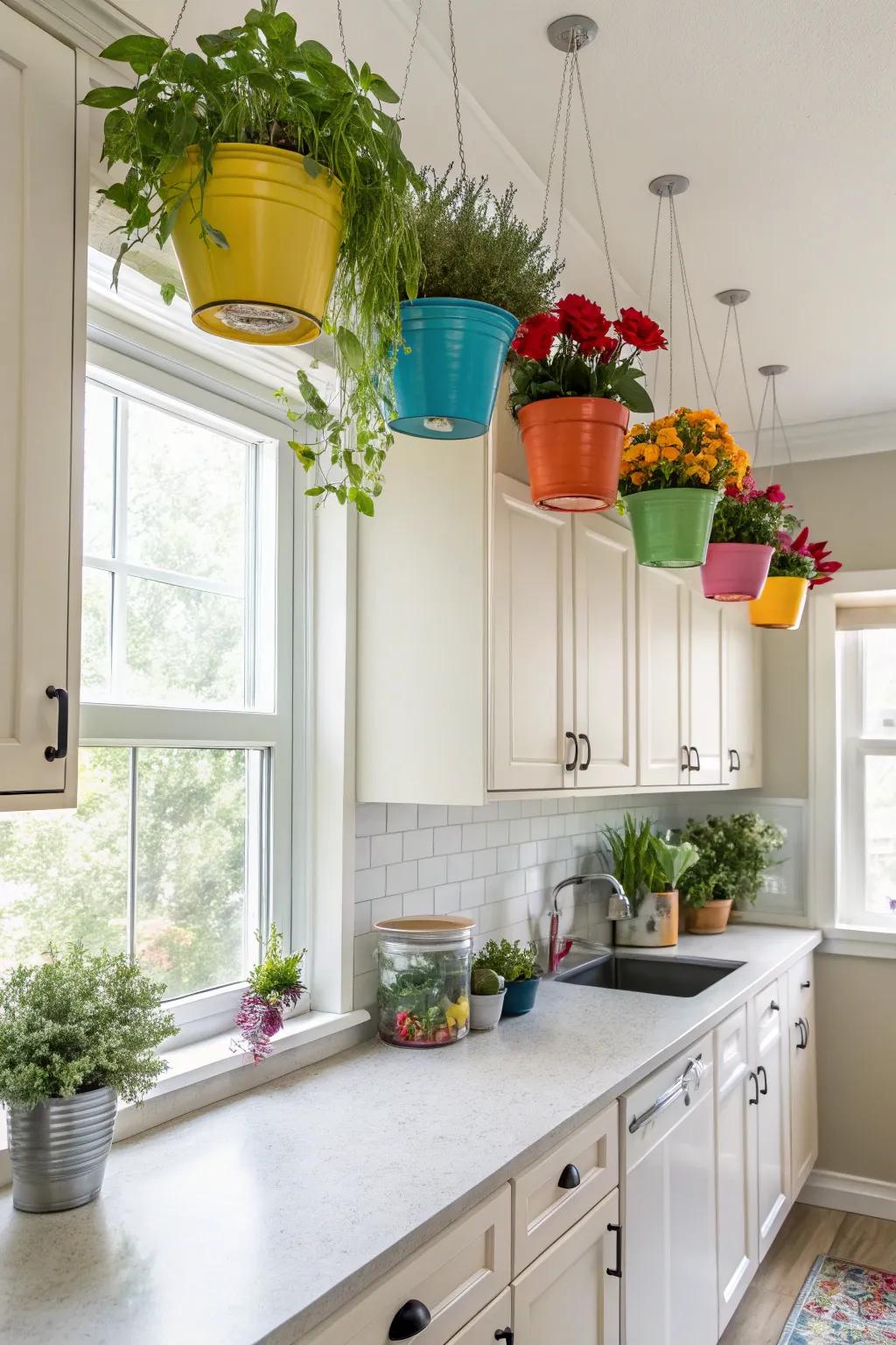 Plants in colorful pots bring life to the kitchen.