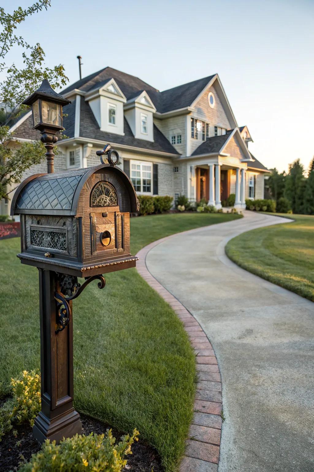 A mailbox designed to echo the architectural style of its home.