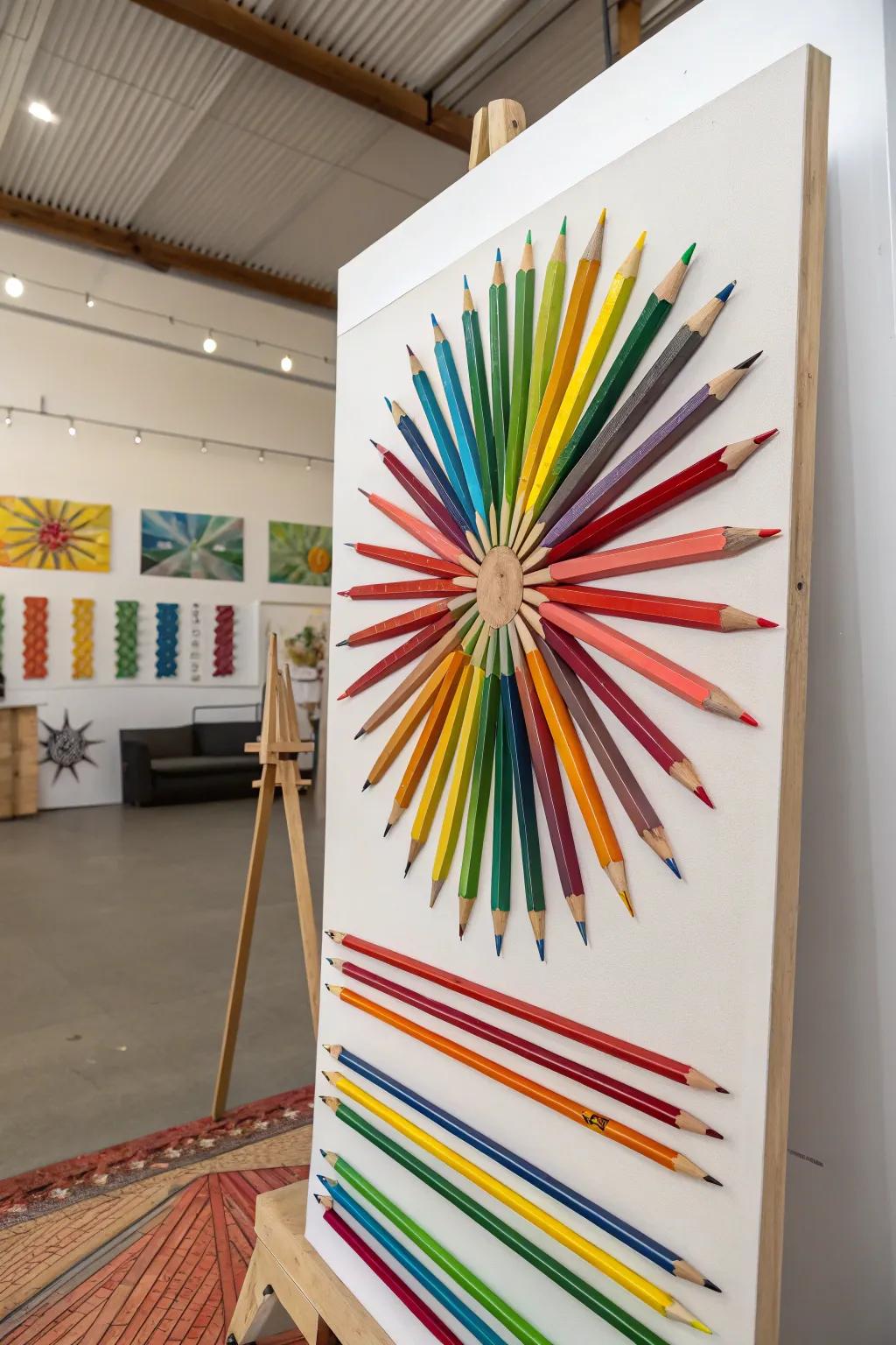 A quirky starburst design using recycled pencils, ideal for artistic decor.