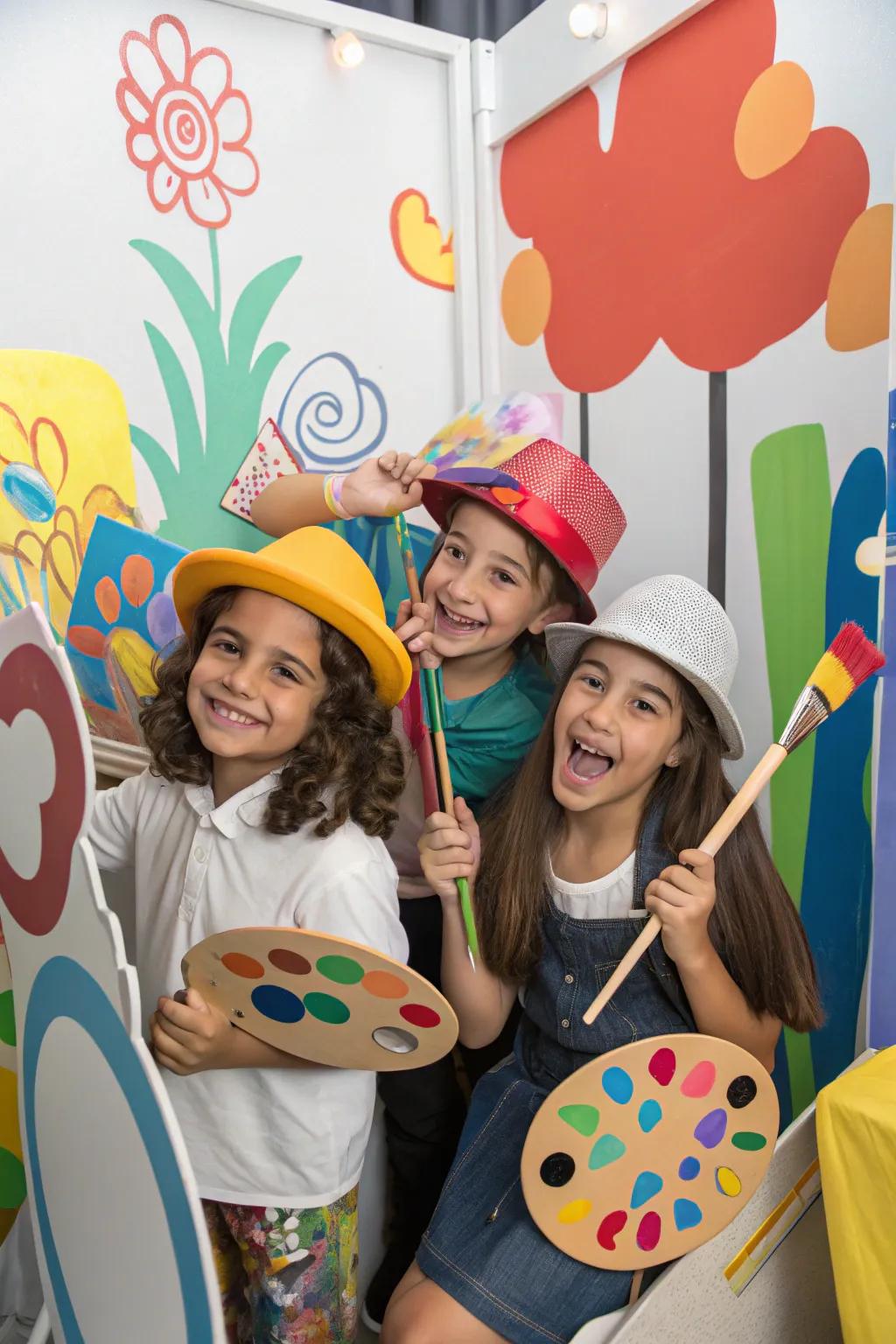 Kids having fun in an art-themed photo booth, capturing joyful memories with creative props.