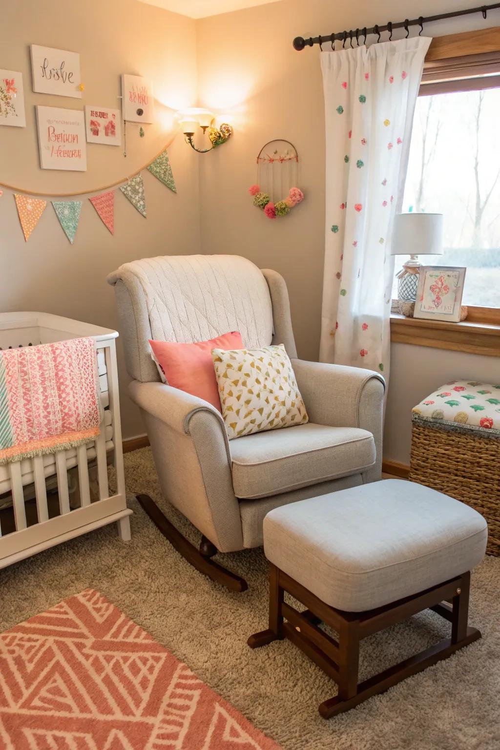 A cozy glider provides a perfect spot for bonding in a nursery.