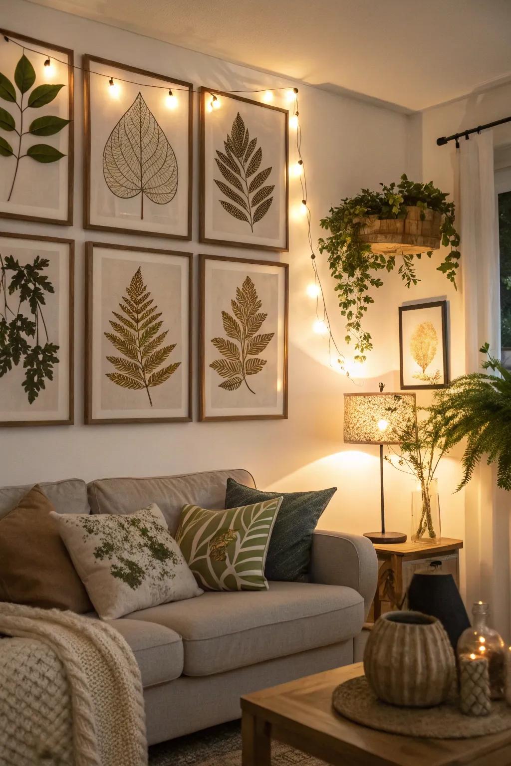 Bring nature indoors with leaf print art.