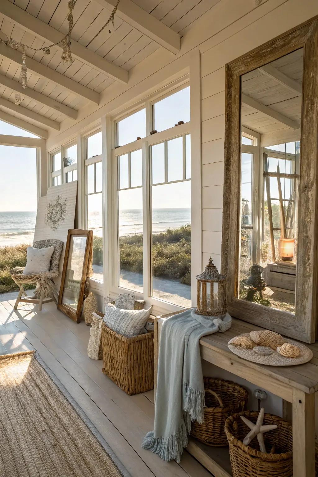 Mirrors reflect light and add dimension to this beach house interior.