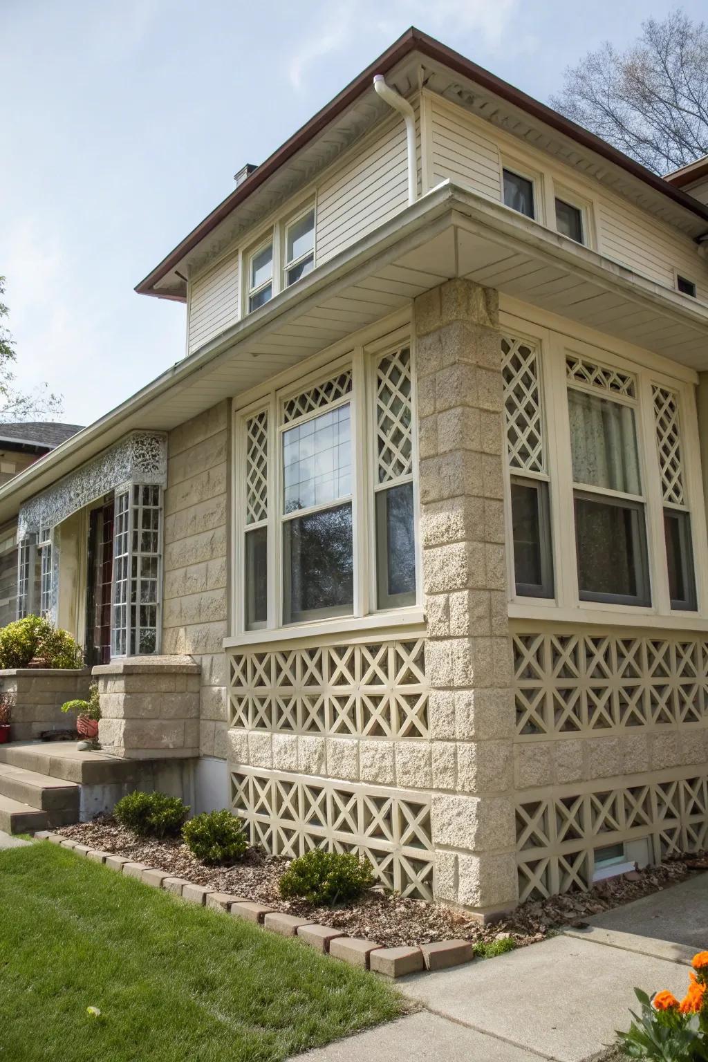 Windows framed with decorative breeze blocks for added character.